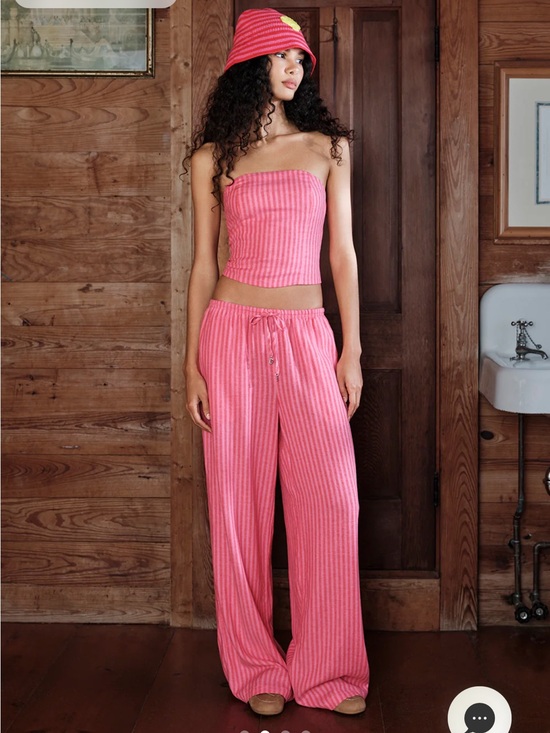 Dairy Boy Tops - Pink Ribbed Strapless Top with Wide-Leg Lounge Pants